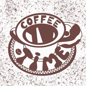 Vector hand lettering coffee time and image of a cup with a saucer and a bun  Stock Illustration