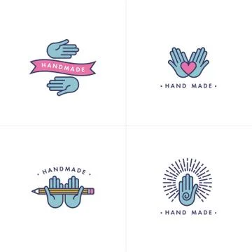 Vector hand made labels and badges in linear trendy style - hand made Illustrazione stock