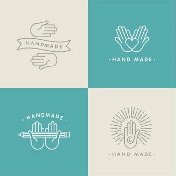 Vector hand made labels and badges in linear trendy style - hand made Stock Illustration