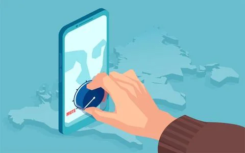 Vector of a hand muting volume down on a smartphone closing down social media Illustrazione stock