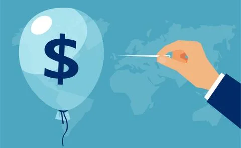 Vector of a hand with needle pierces the balloon with dollar sign Illustrazione stock