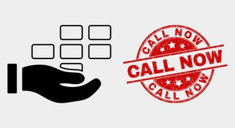 Vector Hand Offer Bricks Icon and Grunge Call Now Stamp Stock Illustration