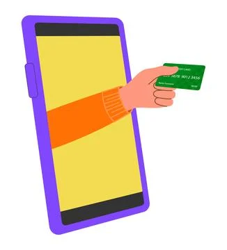 Vector Hand from phone extends plastic bank card for payment Flat style Stock Illustration