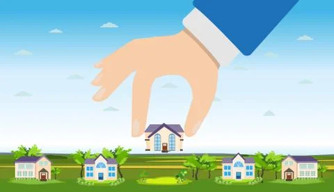 Vector of a hand picking up a house. Stock Illustration