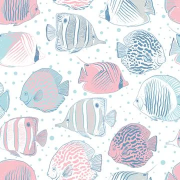 Vector hand pink blue white drawn exotic fishes seamless pattern print Stock Illustration