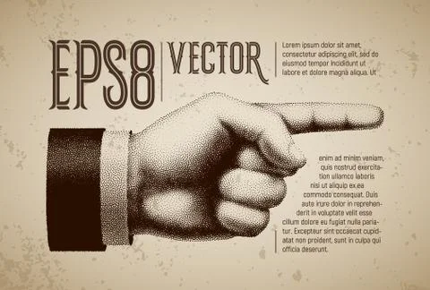 Vector hand with pointing finger in engraving style Stock Illustration