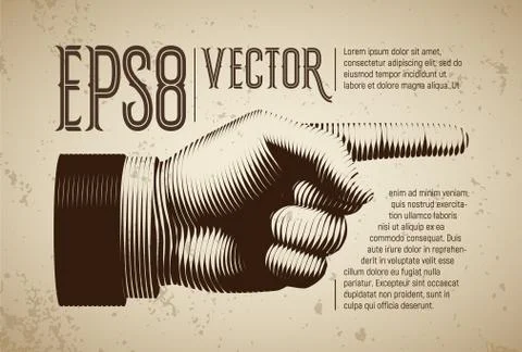 Vector hand with pointing finger in line engraving style Stock Illustration