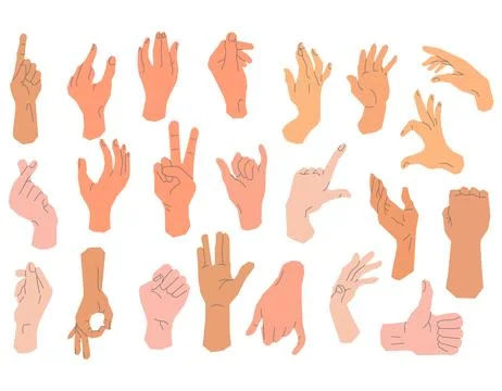 Vector hand poses on white background, various hands in flat style with lin.. Stock Illustration
