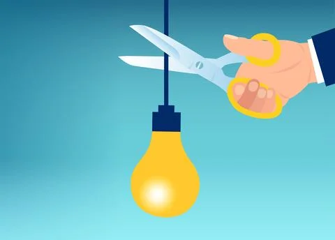 Vector of a hand with scissors cutting a wire with lightbulb. Stock Illustration