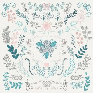 Vector Hand Sketched Rustic Floral Doodle Branches Illustrazione stock