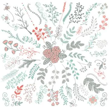 Vector Hand Sketched Rustic Floral Doodle Branches Stock Illustration