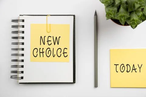 Vector of hand writing sign 'New Choice' on notebook with 'today' sign in white Foto stock