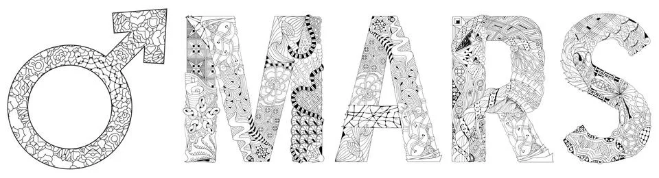 Vector handdrawn illustation of MARS sign with word Mars for coloring. Horosc Illustration