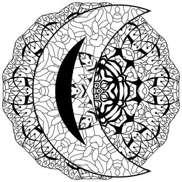 Vector handdrawn illustation of Moon with mandala sign for coloring Stock Illustration
