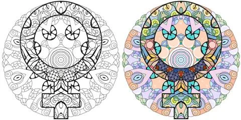 Vector handdrawn illustation of Venus sign with mandala for coloring. Illustrazione stock