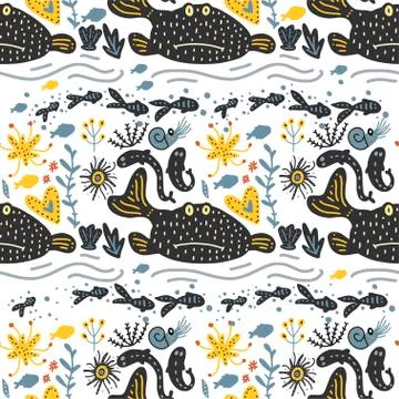 Vector handdrawn sea pattern with various marine animals. Illustrazione stock
