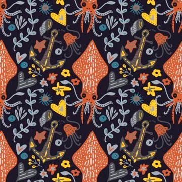 Vector handdrawn sea pattern with various marine animals. Illustrazione stock