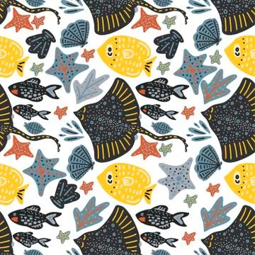Vector handdrawn sea pattern with various marine animals. Stock Illustration