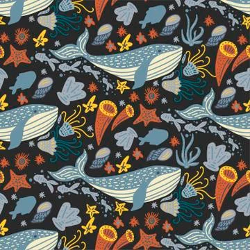 Vector handdrawn sea pattern with various marine animals. Stock Illustration