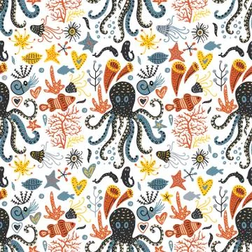 Vector handdrawn sea pattern with various marine animals. Stock Illustration