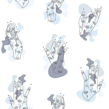 Vector Hands with Chamomile Drawings with Organic Water Shapes seamless pattern Stock Illustration