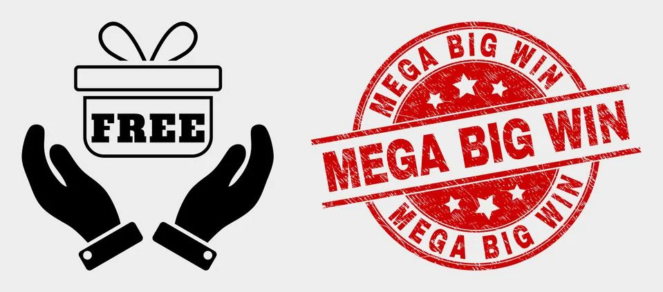 Vector Hands Give Gift Icon and Scratched Mega Big Win Stamp Seal Stock Illustration