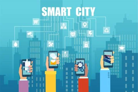 Vector of hands holding smartphones using different apps connected with each  Stock Illustration