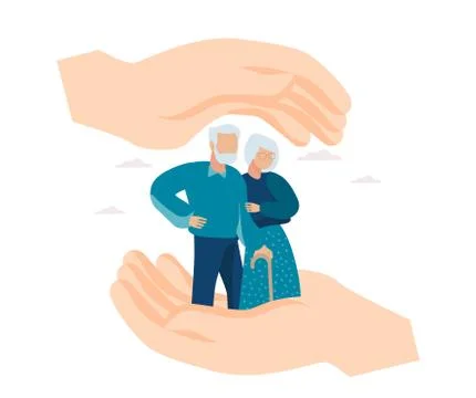 Vector of hands making a protection gesture with elderly couple between Stock Illustration