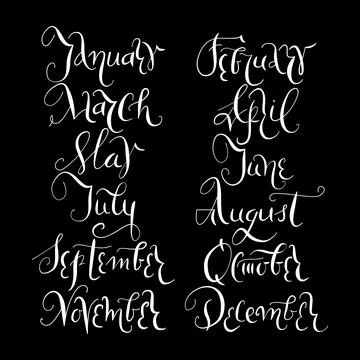 Vector handwritten month lettering in cursive ink style, vector calligraphy Stock Illustration