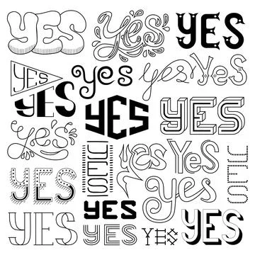 Vector Handwritten Yes Phrases. Words with Decorative Elements Stock Illustration