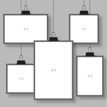 Vector Hanging Gallery Wall Mockup with 5 Blank Frames, 1:1 3:2 2:3 Ratios .. Stockillustratie