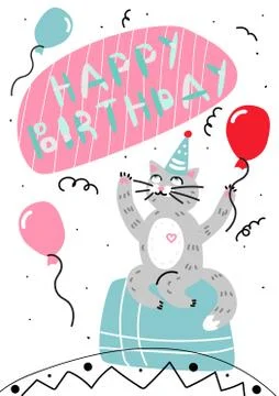 Vector happy birthday card cartoon cat Stock Illustration