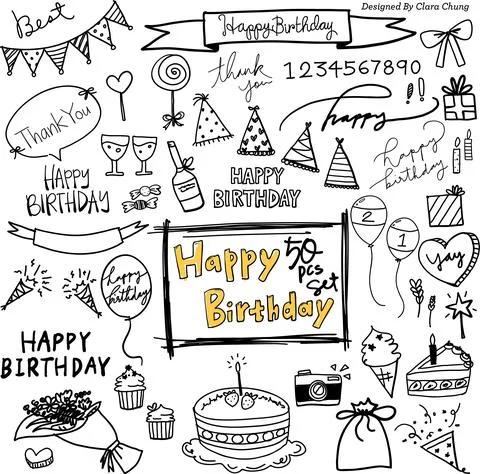 Vector happy birthday party hand drawn illustration design collection set Stock Illustration