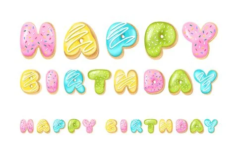 Vector happy birthday text with donuts. Bakery sweet tasty font Stock Illustration