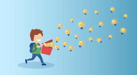 Vector of a happy boy, a student holding a box with brilliant ideas light bul Illustrazione stock