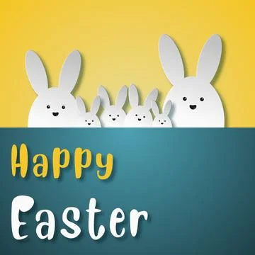 Vector - happy easter with bunnies in yellow background Stock Illustration