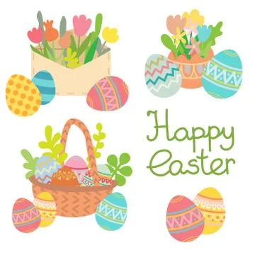 Vector happy easter colored eggs with flowers set Stock Illustration