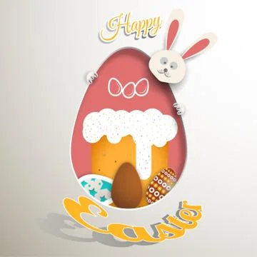 Vector Happy Easter egg cut from paper with peeping rabbit, shadow, cake, egg Stock Illustration