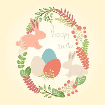 Vector happy easter greeting card with rabbits, eggs and flowers. Holiday d.. 스톡 일러스트