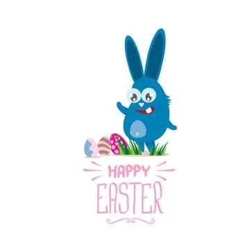 Vector happy easter greeting card with color eggs, funny easter bunny and hand Stockillustratie