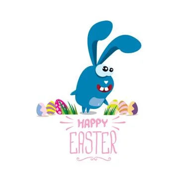 Vector happy easter greeting card with color eggs, funny easter bunny and hand Illustrazione stock