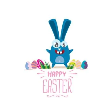 Vector happy easter greeting card with color eggs, funny easter bunny and hand 스톡 일러스트