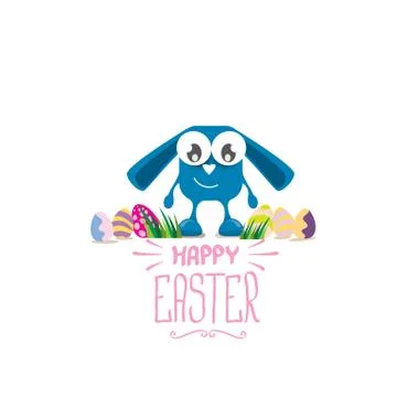 Vector happy easter greeting card with color eggs, funny easter bunny and hand Illustrazione stock