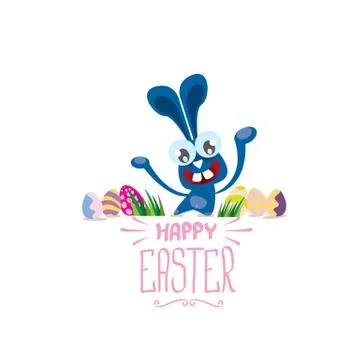 Vector happy easter greeting card with color eggs, funny easter bunny and hand 스톡 일러스트