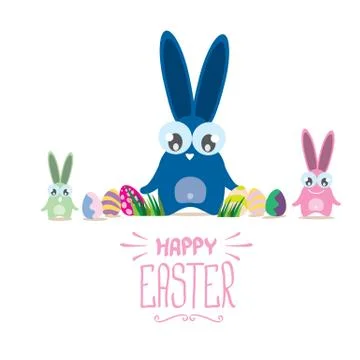 Vector happy easter greeting card with color eggs, funny easter bunny and hand Stockillustratie