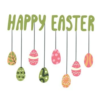 Vector Happy Easter greeting card with hanging colorful eggs Stock Illustration
