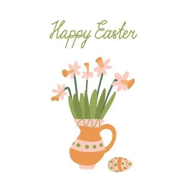 Vector Happy Easter greeting card with daffodils in a jug Stock Illustration