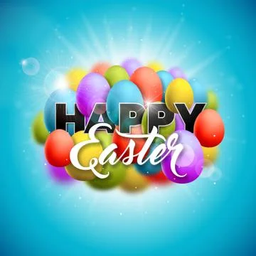 Vector Happy Easter Holiday Illustration with Painted Egg on Shiny Blue Nature Stock Illustration
