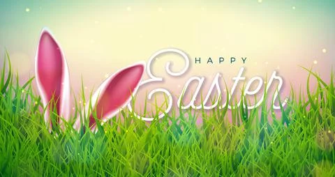 Vector Happy Easter Holiday Illustration with Rabbit Ears on Nature Grass Stock Illustration