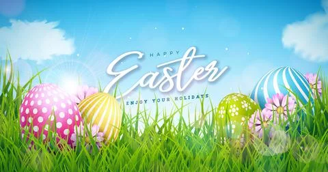 Vector Happy Easter Holiday Illustration with Painted Egg on Nature Grass イラスト素材